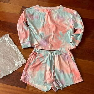 New never worn two piece shorts sweats set cotton candy tie-dye